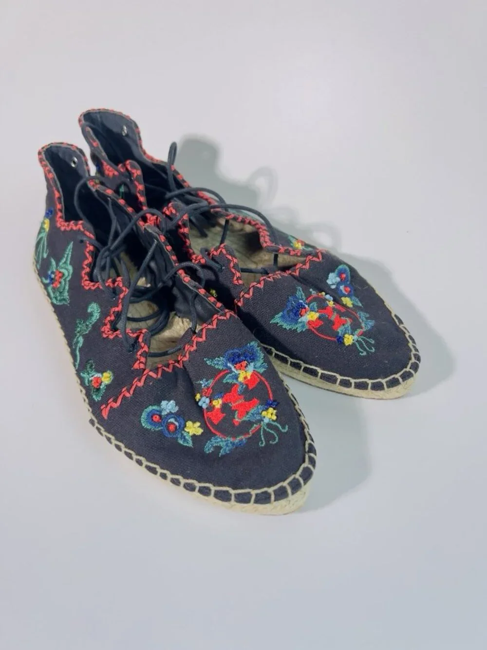 Tory Burch Fleming Embroidered Lace-Up Espadrilles Canvas Floral Size 8